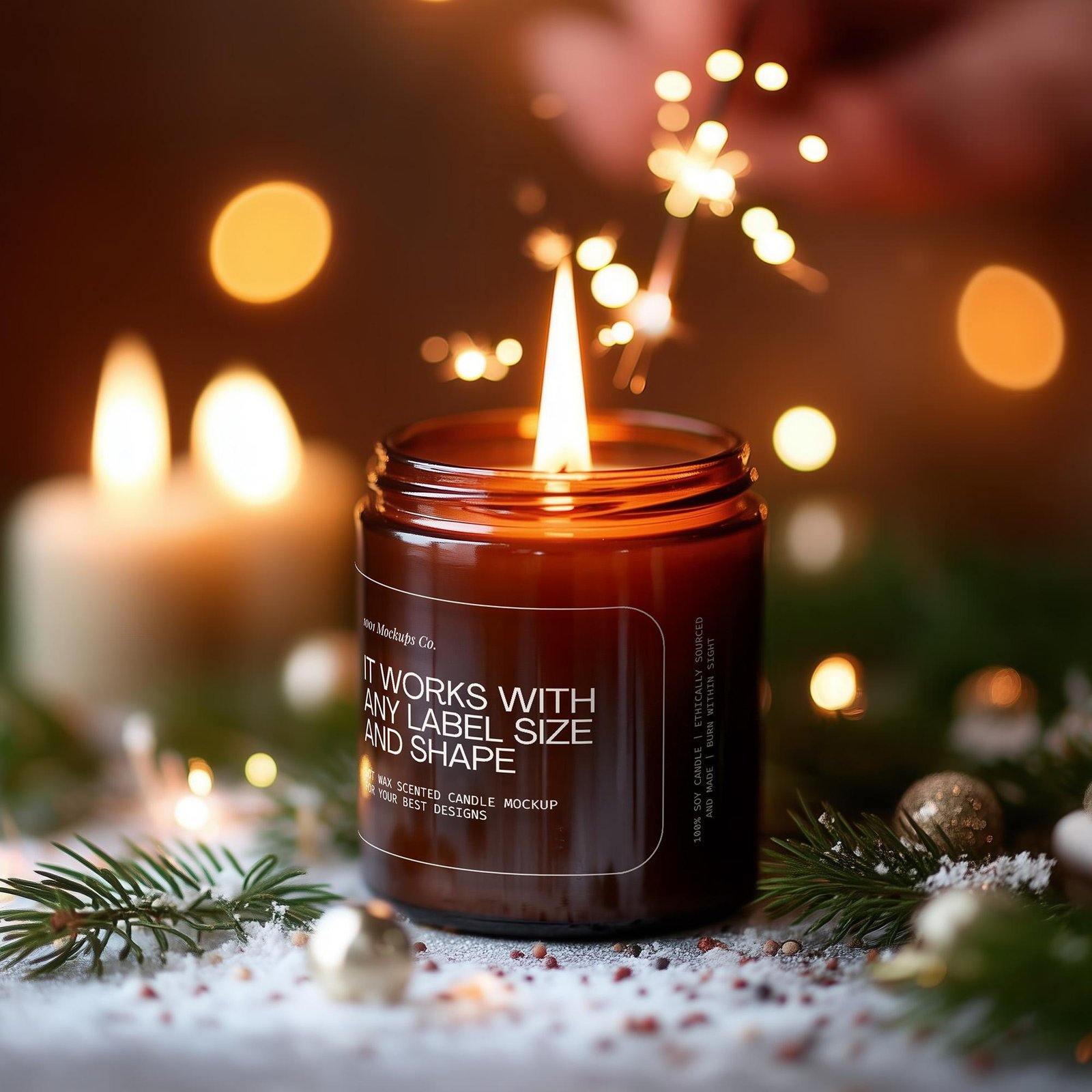 デジタルクリスマスアンバーガラスキャンドルモックアップ | Woodwick