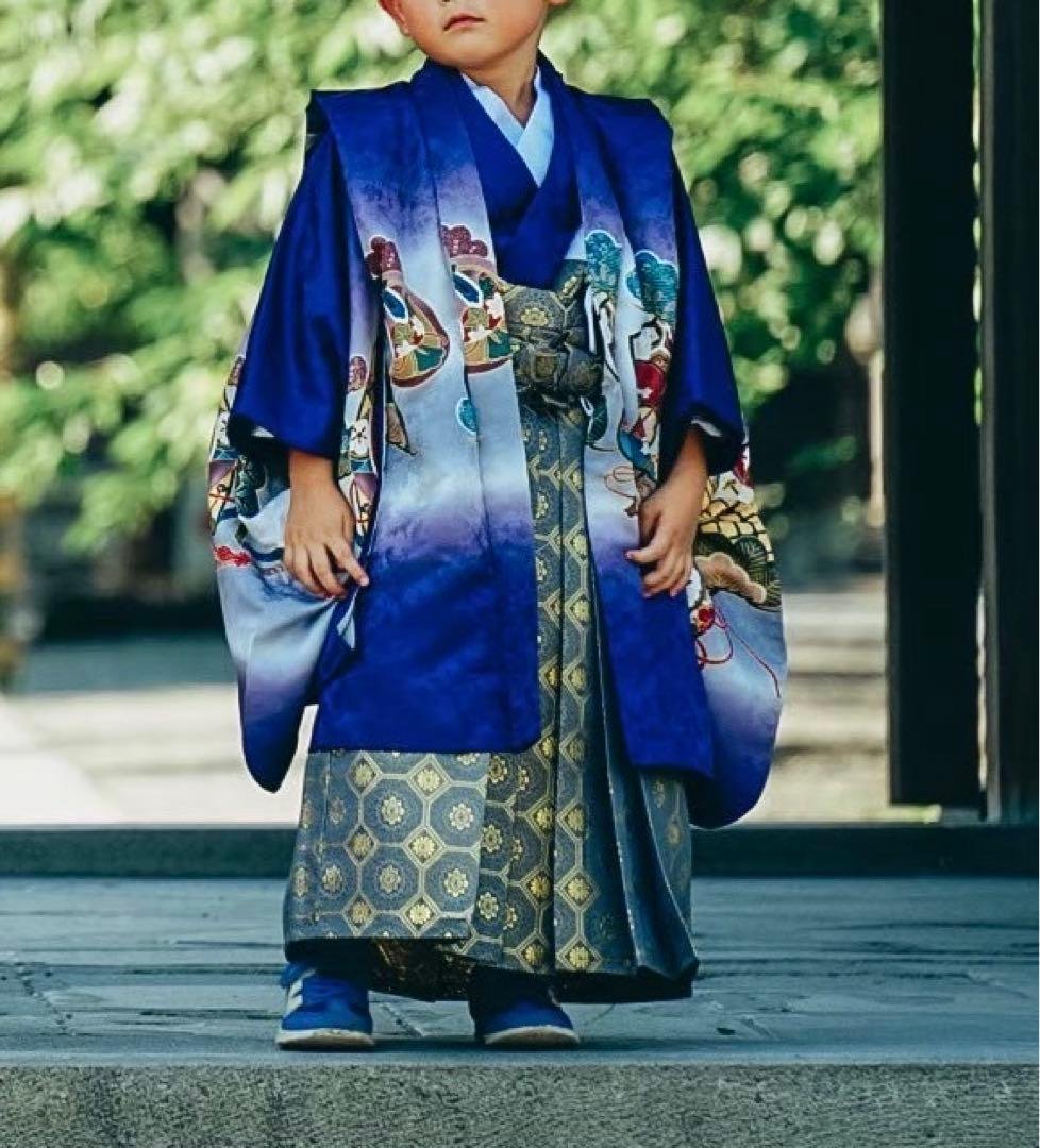 七五三　男の子　五歳　着物　袴 七五三レンタル(5歳男袴)X541 カラフル波に幻の魚×モスグリーン | 着物